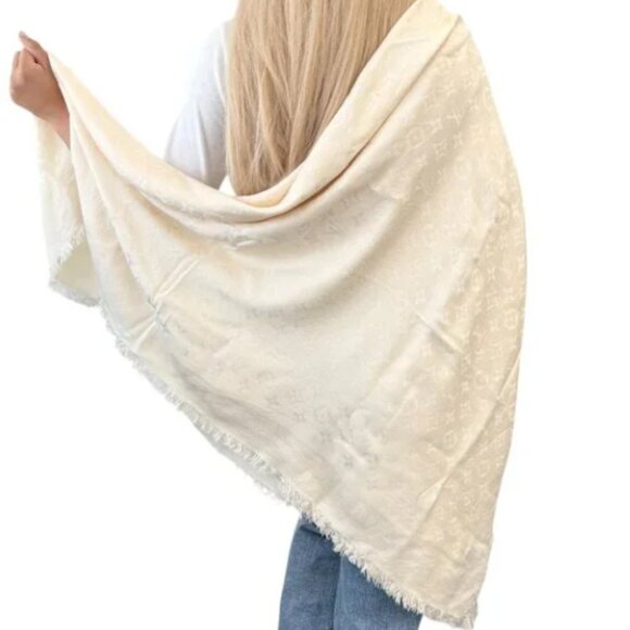 LOUIS VUITTON Vintage LV Logo Monogram Shine Scarf Wrap Beige Silk [106357] - Picture 2 of 8